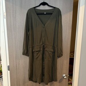 Old Navy Olive Green V-Neck Button Midi Dress